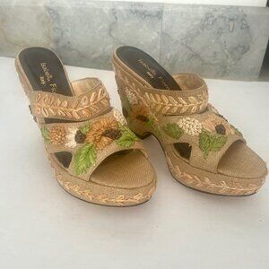 Isabella Fiore Boho Rattan Open Toe Wedges with floral embellishment